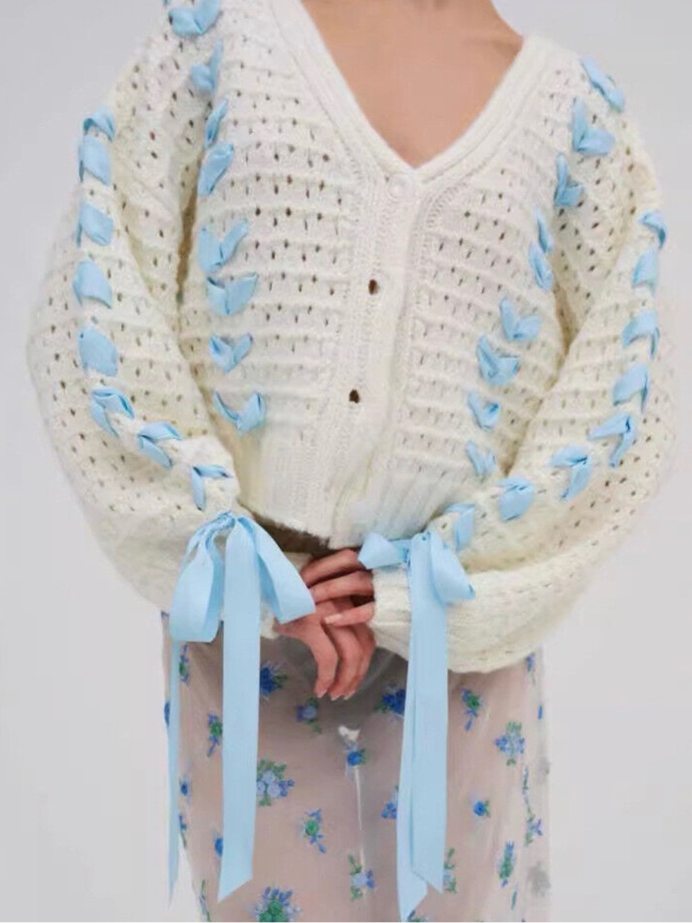 For Love & Lemons Laurel White & Blue Ribbon Coquette Cardigan Sweater S